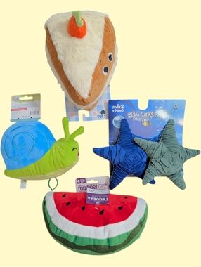 (4) Dog Toys Squeaker Stuffed Toy Plush Cake Watermelon Snail Starfish Pet Lover